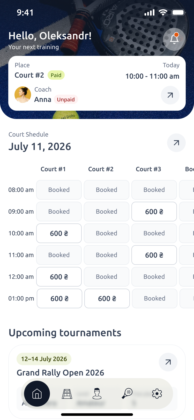 Court booking β slot selection, trainer and payment